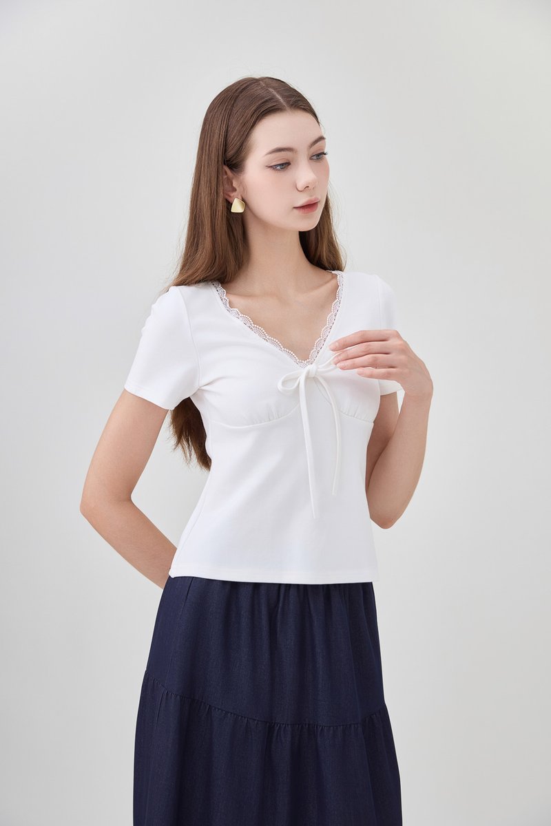 Ana Ribbon Lace Cotton Top In White