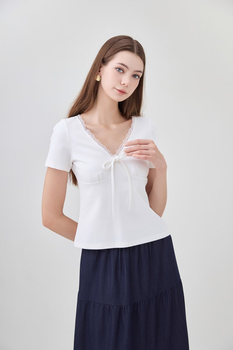 Ana Ribbon Lace Cotton Top In White