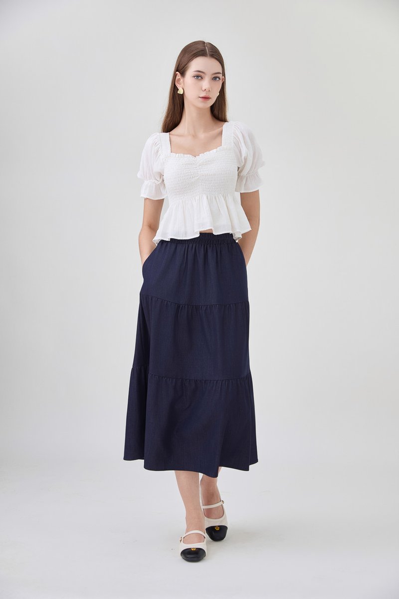 Ariyah Smocked Ruched Ruffles Top In White