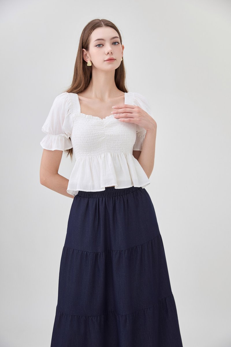 Ariyah Smocked Ruched Ruffles Top In White