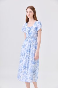 Arisbeth Toile Smocked Waist Ribbon Midi Dress