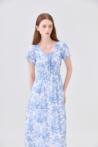 Arisbeth Toile Smocked Waist Ribbon Midi Dress