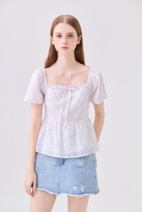 Dani Gingham Floral Babydoll Top In Lilac