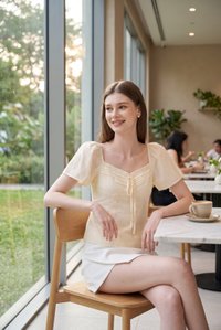 Karsyn Swiss Dot Crochet Ribbon Top In Butter Cream