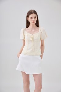 Karsyn Swiss Dot Crochet Ribbon Top In Butter Cream