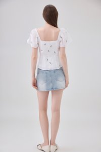 Mariel Swiss Dot Ruched Floral Top In White