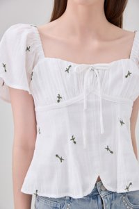 Mariel Swiss Dot Ruched Floral Top In White