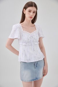Laurel Gingham Floral Ribbon Top In Lilac