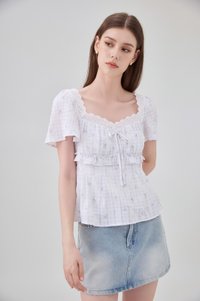 Laurel Gingham Floral Ribbon Top In Lilac