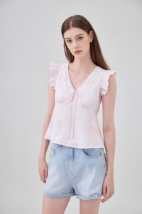 Soraya Ruffles Floral Ribbon Top In Pink