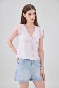 Soraya Ruffles Floral Ribbon Top In Pink