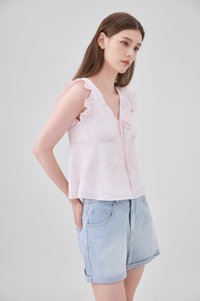 Soraya Ruffles Floral Ribbon Top In Pink