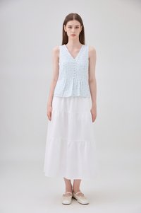 Eleanora Pintuck Floral Button Top In Tiffany Blue