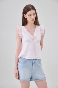 Soraya Ruffles Floral Ribbon Top In Pink