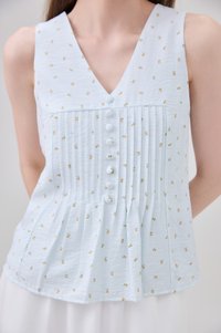 Eleanora Pintuck Floral Button Top In Tiffany Blue