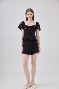 Mariel Swiss Dot Ruched Floral Top In Black