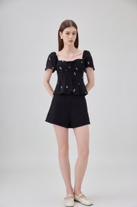 Mariel Swiss Dot Ruched Floral Top In Black