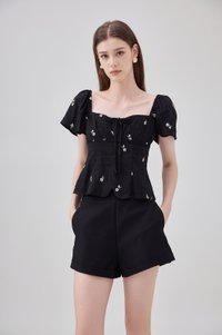 Mariel Swiss Dot Ruched Floral Top In Black