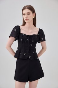 Mariel Swiss Dot Ruched Floral Top In Black