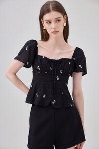 Mariel Swiss Dot Ruched Floral Top In Black