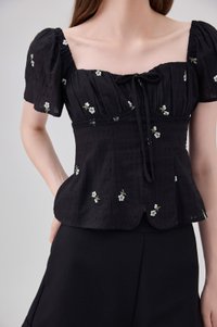 Mariel Swiss Dot Ruched Floral Top In Black