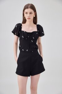 Mariel Swiss Dot Ruched Floral Top In Black