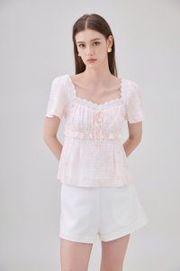 Laurel Gingham Floral Ribbon Top In Pink