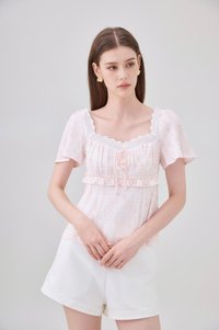 Laurel Gingham Floral Ribbon Top In Pink