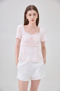 Laurel Gingham Floral Ribbon Top In Pink