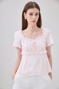 Laurel Gingham Floral Ribbon Top In Pink