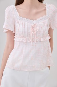 Laurel Gingham Floral Ribbon Top In Pink