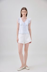 Soraya Ruffles Floral Ribbon Top In Soft Blue