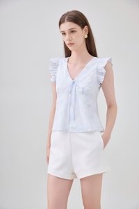 Soraya Ruffles Floral Ribbon Top In Soft Blue