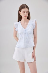 Soraya Ruffles Floral Ribbon Top In Soft Blue