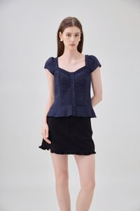 Thalia Lace Pintuck Button Top In Navy