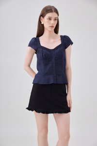 Thalia Lace Pintuck Button Top In Navy