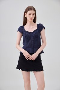 Thalia Lace Pintuck Button Top In Navy