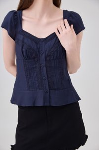 Thalia Lace Pintuck Button Top In Navy