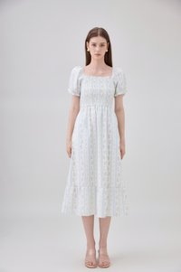 Lillie Smocked Ruffles Floral Midi Dress In Floral Stripe