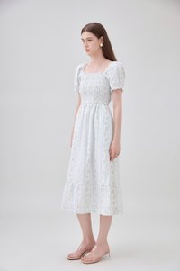 Lillie Smocked Ruffles Floral Midi Dress In Floral Stripe