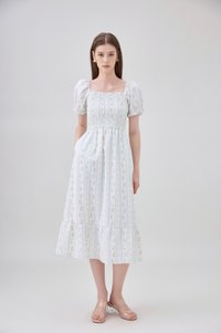 Lillie Smocked Ruffles Floral Midi Dress In Floral Stripe
