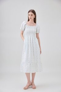 Lillie Smocked Ruffles Floral Midi Dress In Floral Stripe