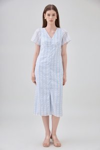 Elouise Eyelet Floral Button Midi Dress In Blue