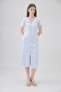 Elouise Eyelet Floral Button Midi Dress In Blue