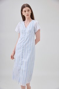 Elouise Eyelet Floral Button Midi Dress In Blue