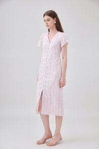 Elouise Eyelet Floral Button Midi Dress In Pink