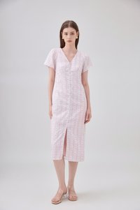 Elouise Eyelet Floral Button Midi Dress In Pink