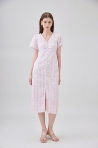 Elouise Eyelet Floral Button Midi Dress In Pink