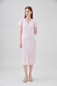 Elouise Eyelet Floral Button Midi Dress In Pink