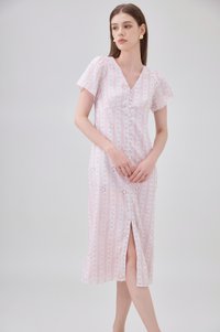 Elouise Eyelet Floral Button Midi Dress In Pink